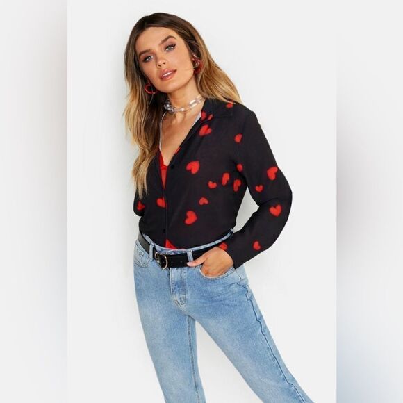 WOVEN HEART PRINT button up SHIRT - Picture 2 of 4